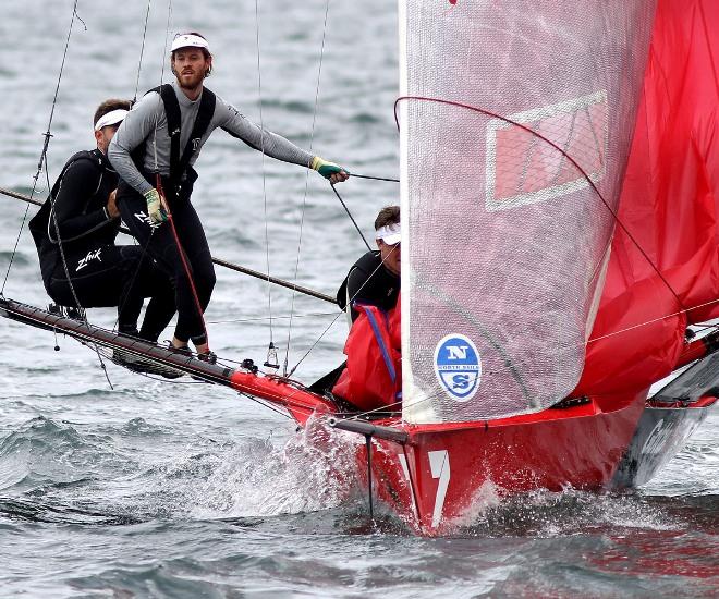 7s sheet hand John Winning Jr. has to watch his father lead his team around the bottom mark - 2015 NSW 18ft Skiff Championship © Frank Quealey /Australian 18 Footers League http://www.18footers.com.au